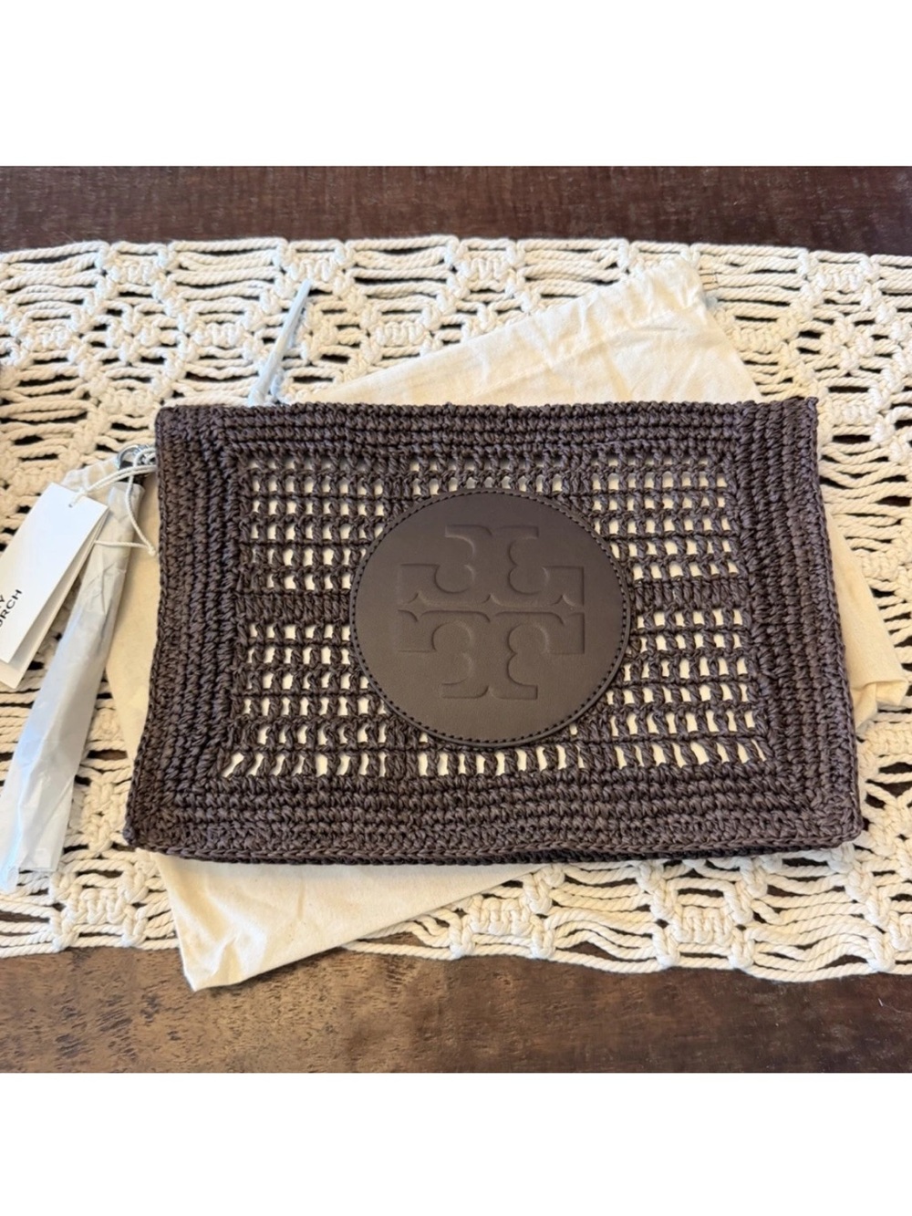 Tory Burch Ella Hand Crocheted Pouch In Dark Cocoa - New With Tags